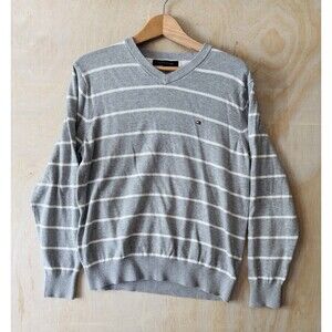 Tommy Hilfiger Grey and White Striped Sweater Size Medium 100% Cotton